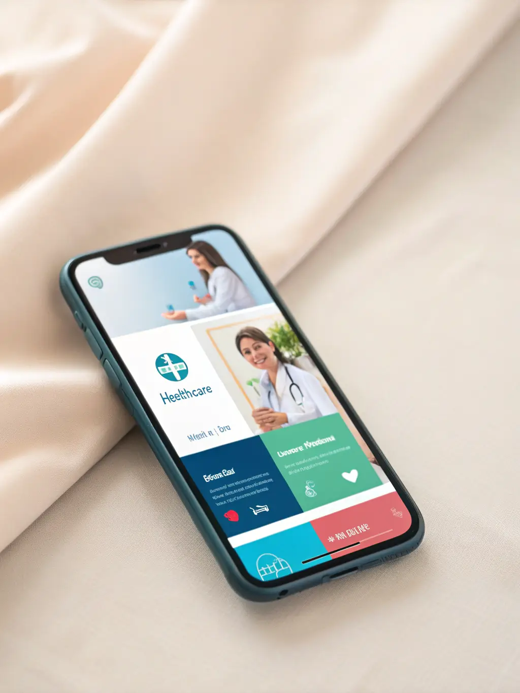 A mobile phone displaying the ASSURE Patient App interface, showing key features like activity tracking, symptom logging, and direct communication with the care team, against a lifestyle-oriented background.