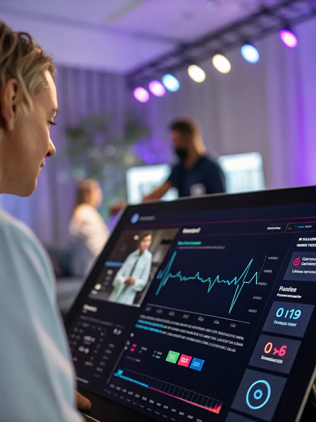 A screenshot of the Kestra CareStation provider platform, highlighting its user-friendly interface, data visualization tools, and key features for remote patient monitoring and management, set against a medical office backdrop.